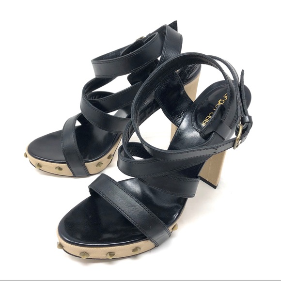 SERGIO ROSSI black leather & fabric, ankle wrap sandals, size 39, made in Italy - Picture 3 of 15